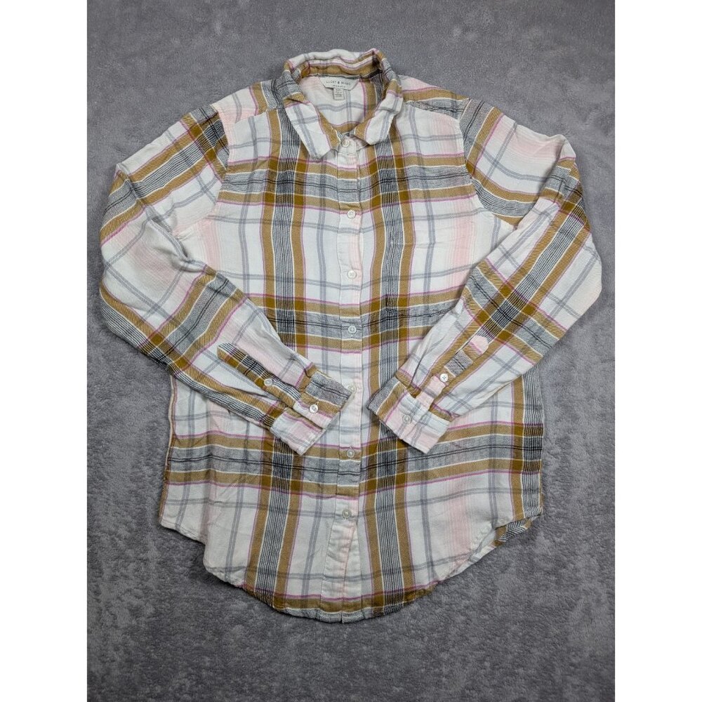 Lucky Brand Flannel Button Up Shirt Women Size Small White Plaid Preppy Academia